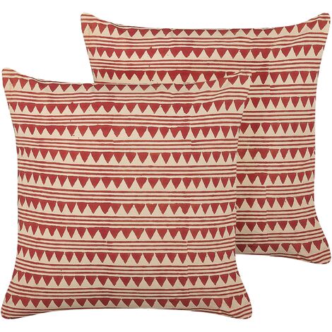 Conjunto de 2 cojines de algodón rojo beige 45 x 45 cm a mano geométrico Deglupta