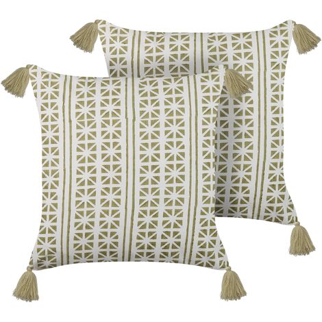 Conjunto de 2 cojines de algodón verde claro blanco 45 x 45 cm a mano Syringa