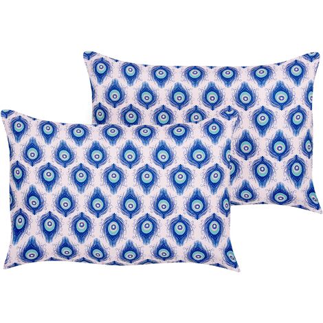 Conjunto de 2 cojines de jardín almohada de exterior 40 x 60 cm poliéster motivo pavo real azul y rosa Ceriana
