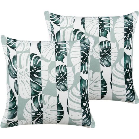 Conjunto de 2 cojines de jardín almohada de exterior 45 x 45 cm poliéster hojas rayas verde Termini
