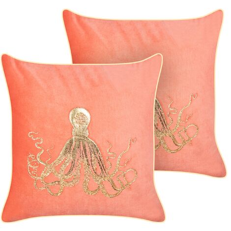 Conjunto de 2 cojines de terciopelo 45 x 45 cm cuadrado marino relleno poliéster motivo pulpo rojo Osmundea