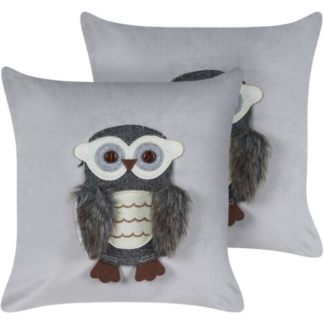 Conjunto de 2 cojines de terciopelo motivo búho 45 x 45 cm fundas extraíbles con relleno gris Ophrys