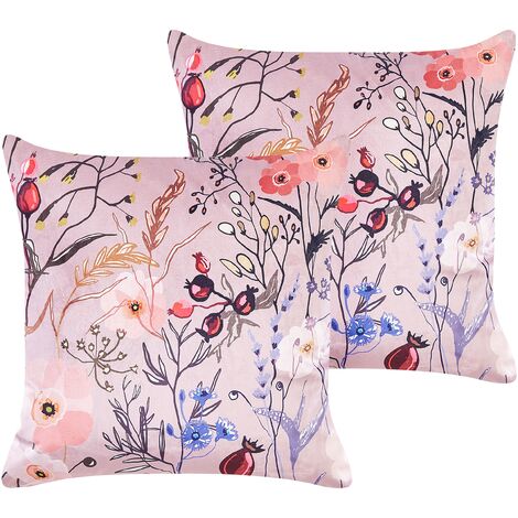 Conjunto de 2 cojines de terciopelo rosa violeta blanco 45 x 45 cm floral Anemones
