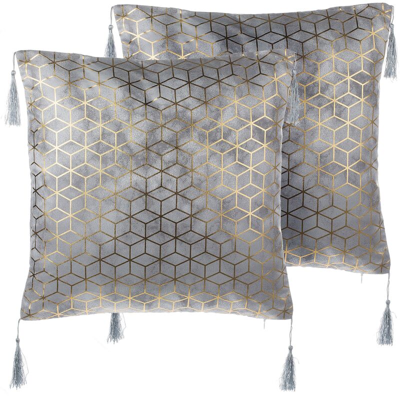 

Beliani - Conjunto de 2 cojines decorativos con estampado y flecos plateado 45x45 cm CAMELLIA