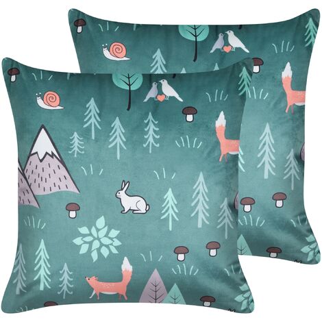 Conjunto de 2 cojines decorativos de terciopelo para niños con funda extraíble y cremallera incorporada motivo bosque estampado de animales verde menta Foothill