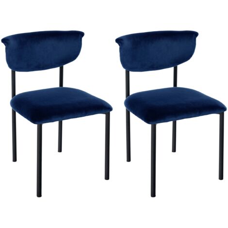 Conjunto de 2 elegantes sillas de comedor de líneas limpias asiento curvado terciopelo azul oscuro y metal negro 100007406
