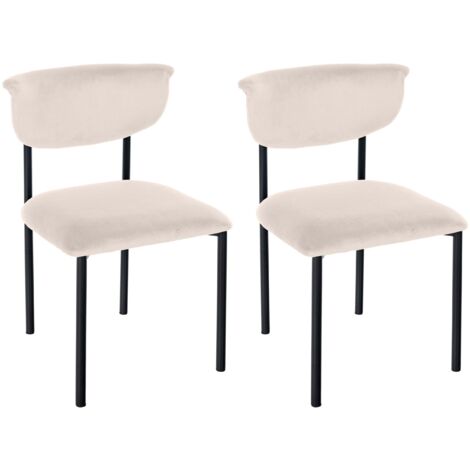 Conjunto de 2 elegantes sillas de comedor de líneas limpias asiento curvado terciopelo crema y metal negro 100007390