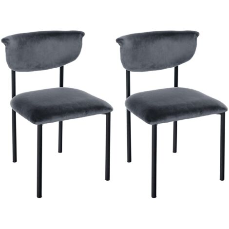 Conjunto de 2 elegantes sillas de comedor de líneas limpias asiento curvado terciopelo gris oscuro y metal negro 100007344