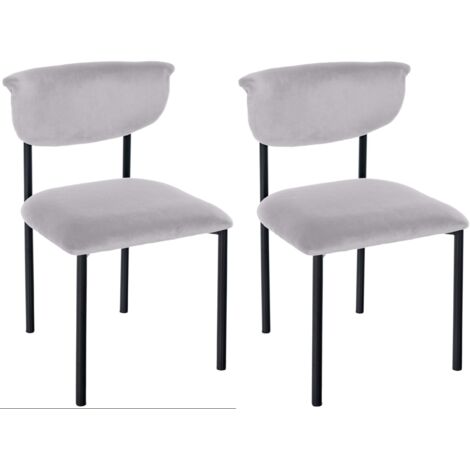 Conjunto de 2 elegantes sillas de comedor de líneas limpias asiento curvado terciopelo gris y metal negro 100007356