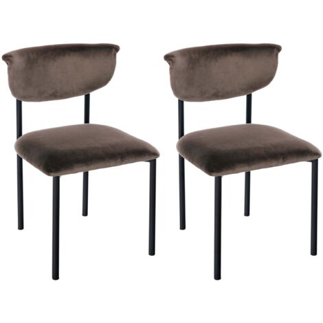 Conjunto de 2 elegantes sillas de comedor de líneas limpias asiento curvado terciopelo marrón y metal negro 100007387