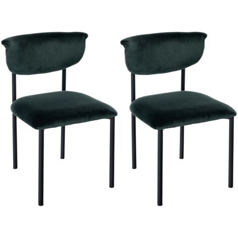 Conjunto de 2 elegantes sillas de comedor de líneas limpias asiento curvado terciopelo verde oscuro y metal negro 100007355