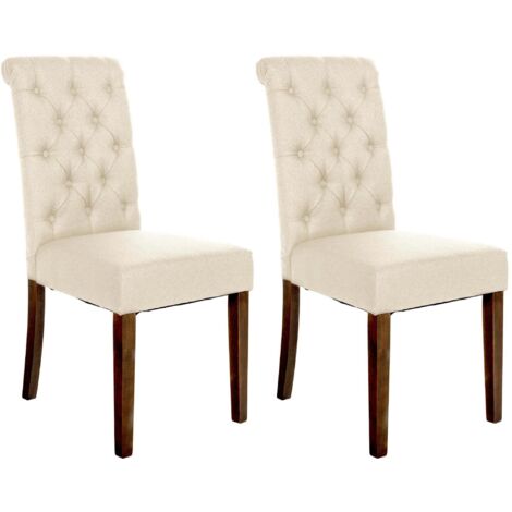 Conjunto de 2 elegantes y cómodas sillas de comedor tapizadas en tela crema con estructura de madera marrón oscuro 100007511