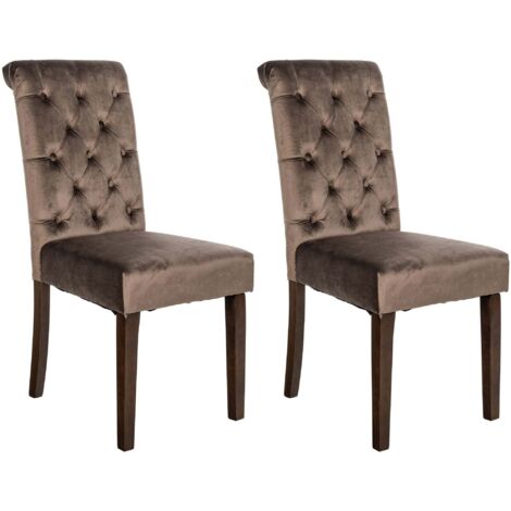 Conjunto de 2 elegantes y cómodas sillas de comedor tapizadas en terciopelo marrón con estructura de madera marrón oscuro 100007341