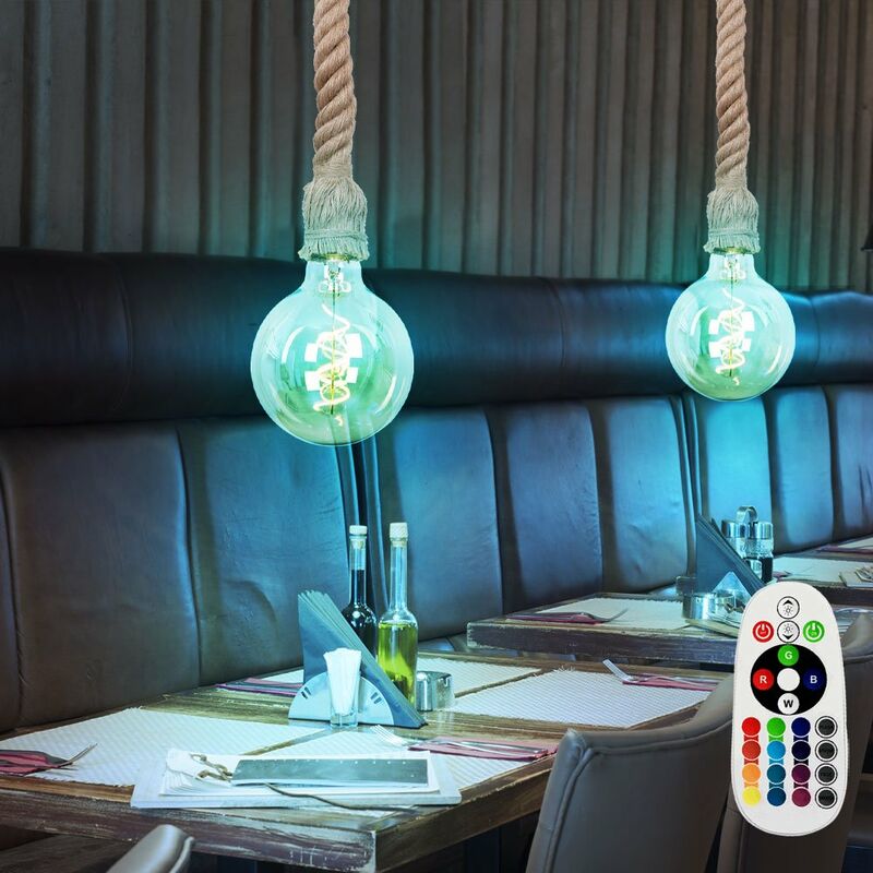

Juego de 2 lámparas colgantes colgantes con control remoto de cuerda de cáñamo marítimo en un juego que incluye bombillas LED RGB