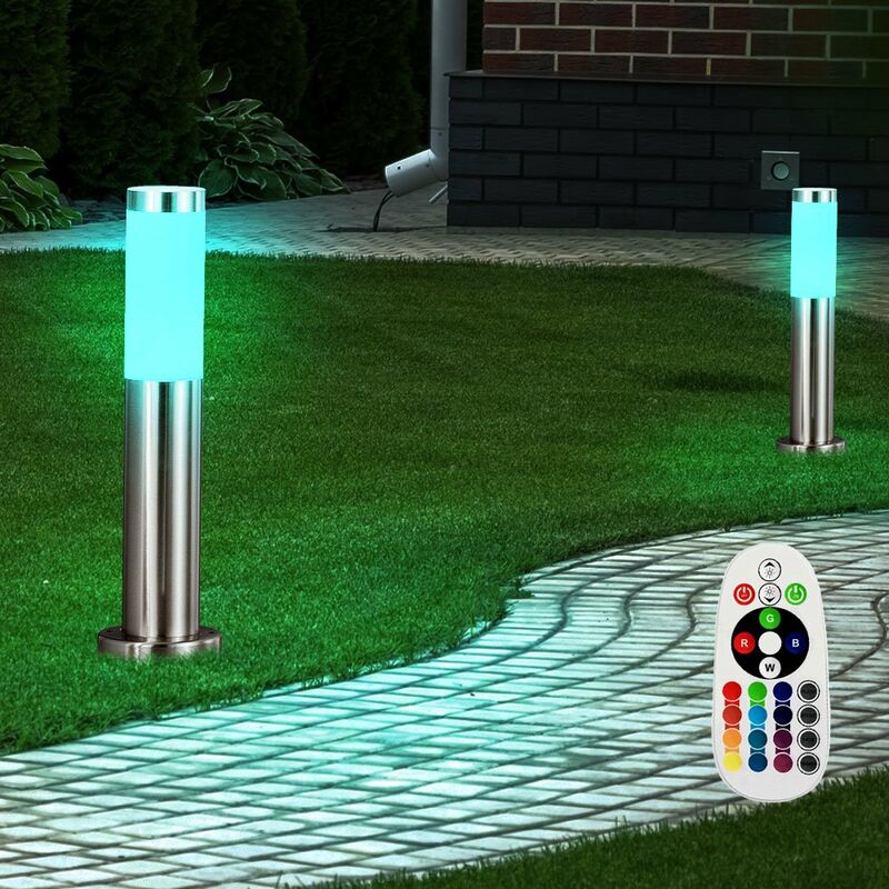 

Juego de 2 lámparas de pie para exteriores de acero inoxidable RGB LED para jardín que cambia de color, soporte para luces, atenuador