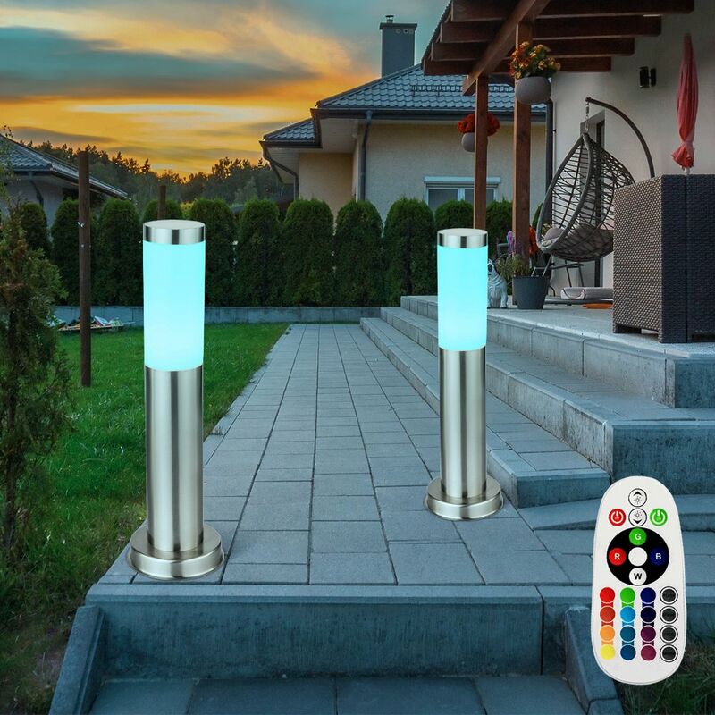 

Juego de 2 luces LED RGB de pie para exteriores regulables CONTROL REMOTO Lámparas de camino de jardín de acero inoxidable Terraza