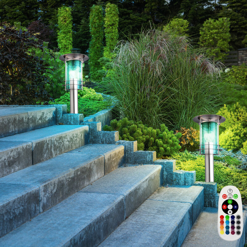 

Juego de 2 lámparas de pie LED RGB, luces de pie para exteriores de acero inoxidable, focos con base de jardín de vidrio mate