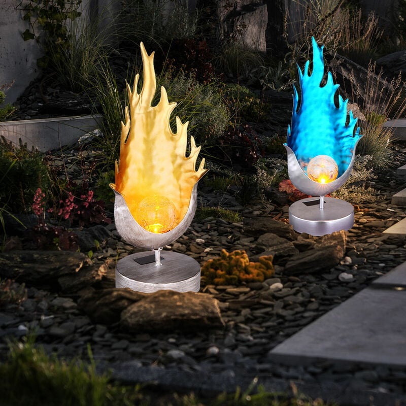 

Conjunto de 2 lámparas solares LED de pie diseño de llama efecto de fuego luces de jardín al aire libre azul oro plata