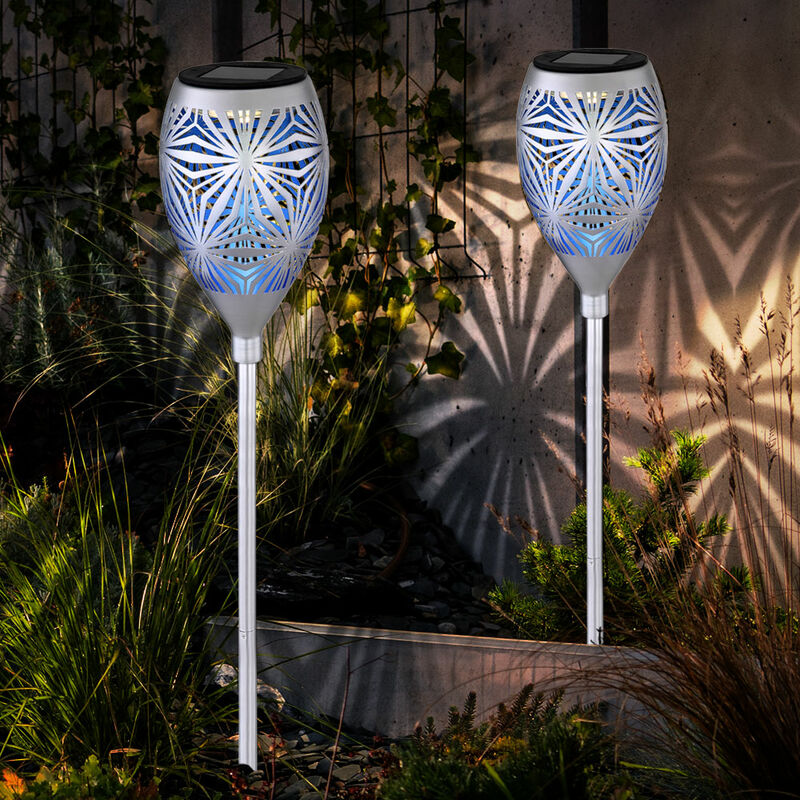

Conjunto de 2 LED lámpara de enchufe solar azul plata al aire libre jardín decoración lámpara patio foco tierra pico