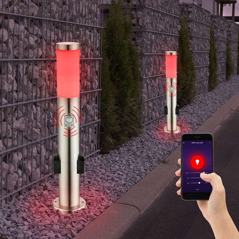 

Juego de 2 luces de pie para exteriores LED RGB para hogar inteligente, enchufes de acero inoxidable, lámparas, CONTROL REMOTO