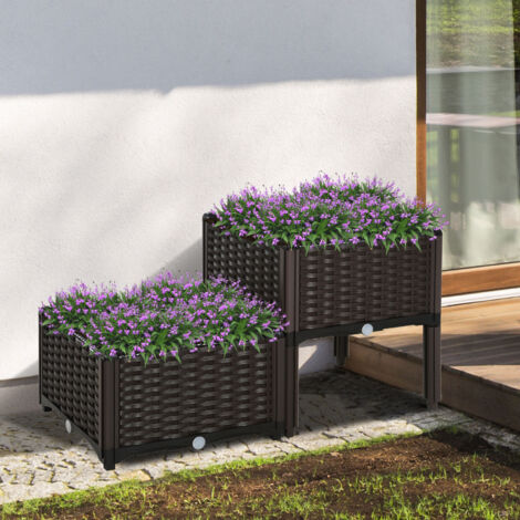 Conjunto de 2 Macetas Cuadradas Jardinera para Flores y Plantas con Orificios de Drenaje y Patas 40x40x26/44 cm Marrón