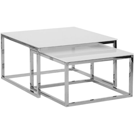 Conjunto de 2 mesas de centro nido con tablero de vidrio templado blanco marco plateado patas de acero inoxidable Brea