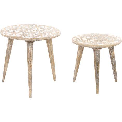 Conjunto de 2 mesas de madera de mango clara blanco hecho a mano desgastado Hursi