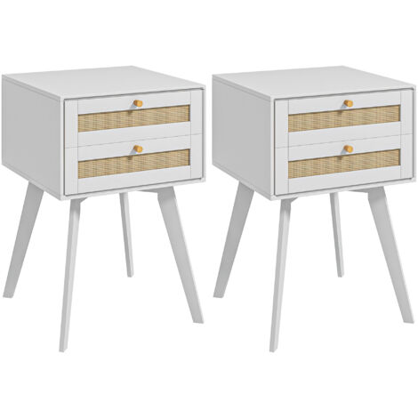 Conjunto de 2 mesitas de noche mesillas de noche estilo cannage con 2 cajones y elemento de ratán para dormitorio salón 40x40x60 cm blanco