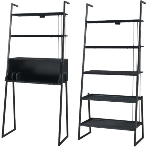 Conjunto de 2 muebles con escritorio y estante tipo escalera color negro 030009365