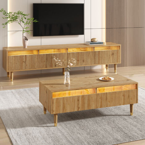 Conjunto de 2 Muebles de Salón con Mueble TV y Mesa de Centro con LED, 4 Puertas y 2 Cajones, MDF Madera