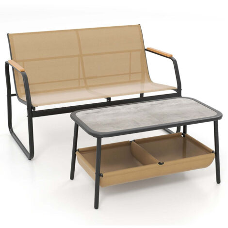 Conjunto de 2 muebles de terraza: sofá ergonómico de 64 x 114 x 76 cm con mesa de centro de 85 x 45 x 44 cm ambiente acogedor tela color café 200013425