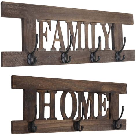 Conjunto de 2 percheros de pared estilo vintage con doble gancho diseño home & family en madera de paulownia marrón 040011395