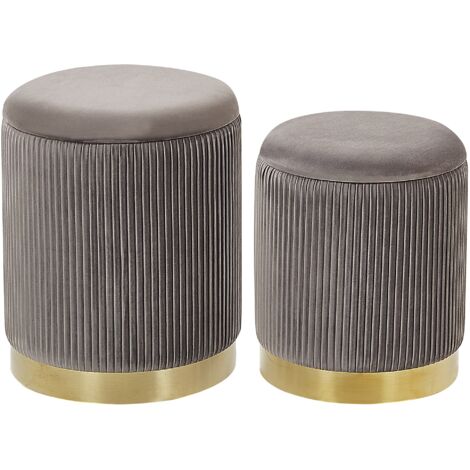 Conjunto de 2 pufs con almacenaje tapizados en poliéster gris con base dorada diseño moderno mechón horizontal Miramar