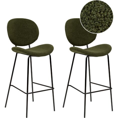Conjunto de 2 sillas de bar bouclé hierro patas negras tapas sin reposabrazos diseño retro asientos comedor verde oscuro Luana