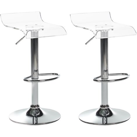 Conjunto de 2 sillas de bar giratorias de acrílico con reposapiés altura ajustable pata de metal plateado transparente Neum