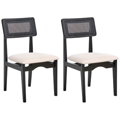 Conjunto de 2 sillas de comedor asientos poliéster respaldo ratán sintético estructura caucho lacado sin reposabrazos retro negro Rubonia