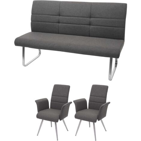 Conjunto de 2 sillas de comedor con reposabrazos + banco 180 cm en tela gris-marrón acero inoxidable 040007486