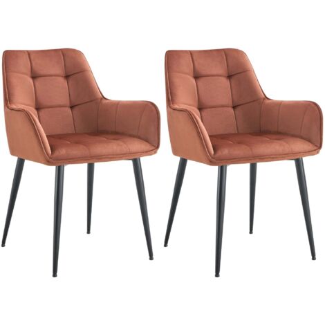 Conjunto de 2 sillas de comedor con reposabrazos en terciopelo marrón con tapizado capitoné y estructura de metal negro 100007498