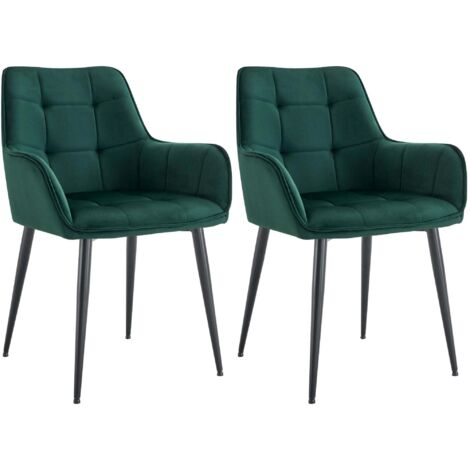 Conjunto de 2 sillas de comedor con reposabrazos en terciopelo verde oscuro con tapizado capitoné y estructura de metal negro 100007549