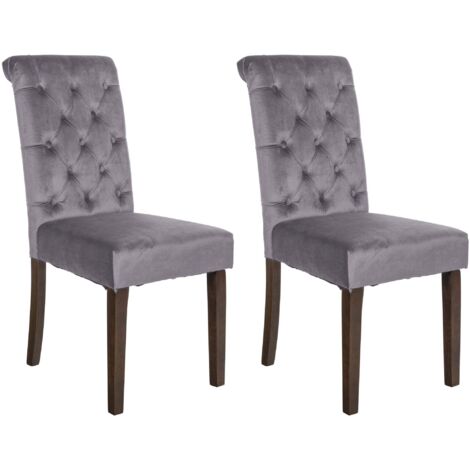 Conjunto de 2 sillas de comedor de diseño clásico con botón decorativo y asiento de tela de terciopelo gris oscuro 100001614