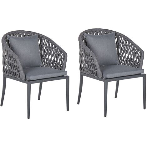 Conjunto de 2 sillas de comedor de jardín estructura de metal gris con cojines diseño de cuerda moderno Lipari