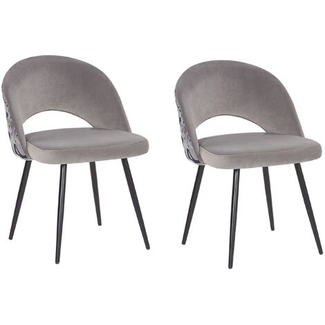 Conjunto de 2 sillas de comedor de terciopelo gris patas de metal negro con recubrimiento en polvo estampado floral Vivian
