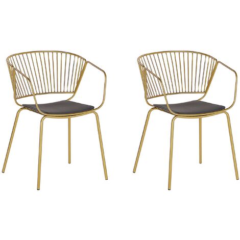 Conjunto de 2 sillas de comedor diseño de alambre metal dorado piel sintética cojín de asiento negro estilo industrial glam Rigby