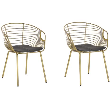 Conjunto de 2 sillas de comedor diseño de metal dorado piel sintética cojín de asiento negro glamour industrial moderno Hoback