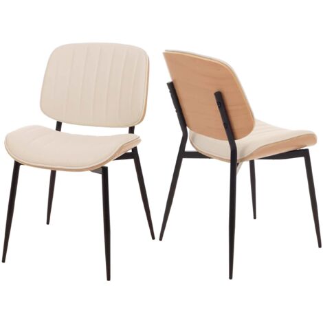 Conjunto de 2 sillas de comedor en madera curvada con acabado claro y tapizado en polipiel crema con costuras verticales decorativas diseño moderno y elegante 040009476