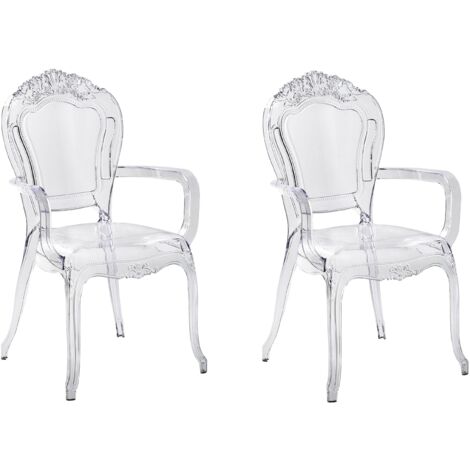 Conjunto de 2 sillas de comedor transparentes de acrílico con respaldo sólido sin reposabrazos apilables diseño vintage Vermont II