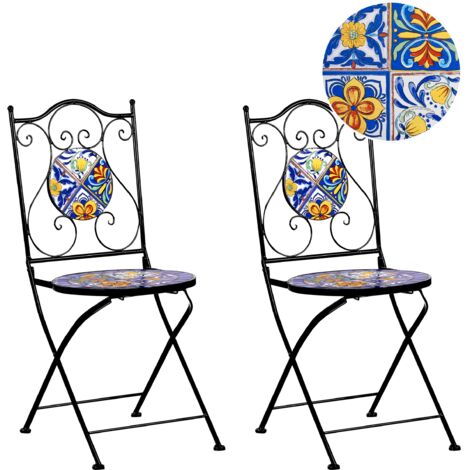 Conjunto de 2 sillas de exterior de metal de estilo vintage motivo mosaico plegable estructura de hierro negro Coriano