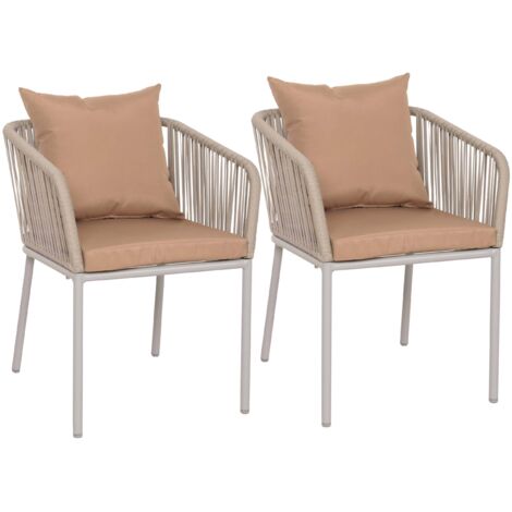 Conjunto de 2 sillas de jardín con reposabrazos estructura de aluminio y tejido de cuerda cojines color topo 040010096