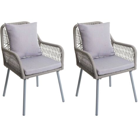 Conjunto de 2 sillas de jardín de diseño moderno para terraza balcón jardín en aluminio gris y cuerda trenzada con cojines gris claro 040009687