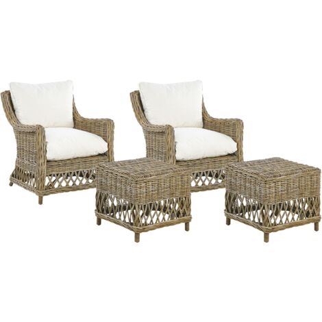 Conjunto de 2 sillas de jardín de ratán natural blanco crema algodón reposapiés cojines de respaldo interior Ribolla